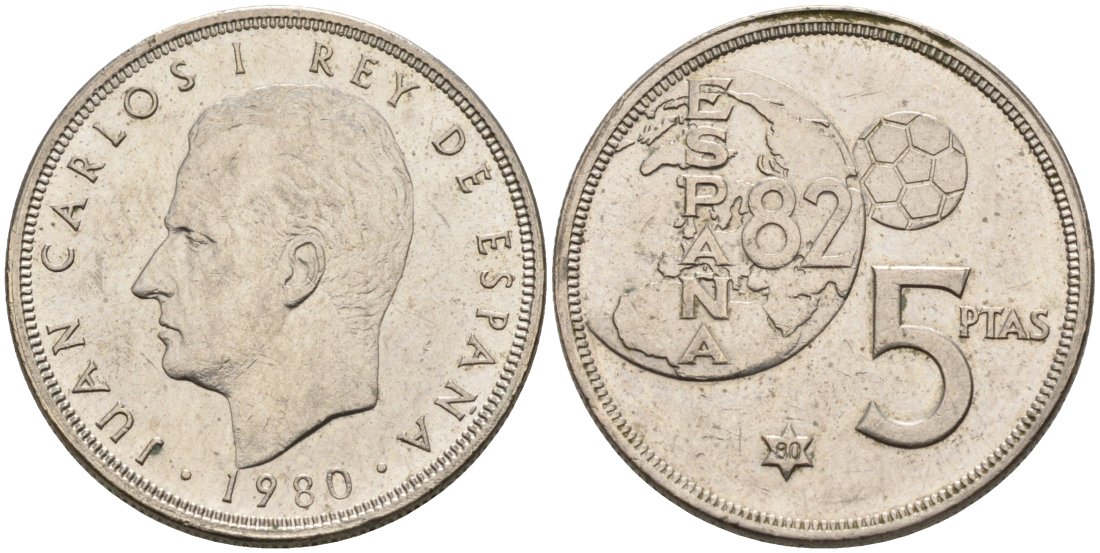 Испания 5 песет 1980(80) чемпионат мира по футболу 82, Хуан Карлос I (1975-2001) KM 817 медно-никель 4571-1145