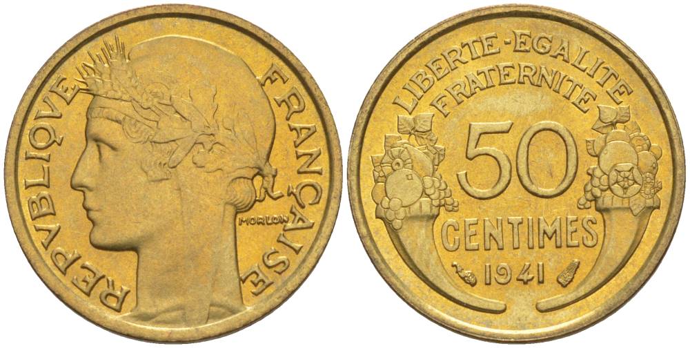 ФРАНЦИЯ 50 САНТИМОВ 1941 ТИП MORLON KM 894.1, LE FRANC 192.18 алюминиевая бронза 44-657