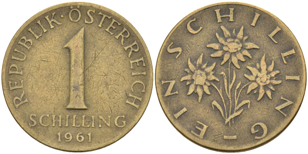 Австрия 1 шиллинг 1961 KM 2886 алюминиевая бронза 4592-1013