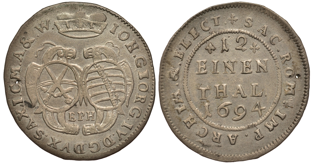 САКСОНИЯ 1/12 ТАЛЕРА 1694 EPH, ЙОХАНН ГЕОРГ IV (1691-1694) KM 638, Claus/Kahnt 681 Slg. Merseburger 1346 серебро 272-212