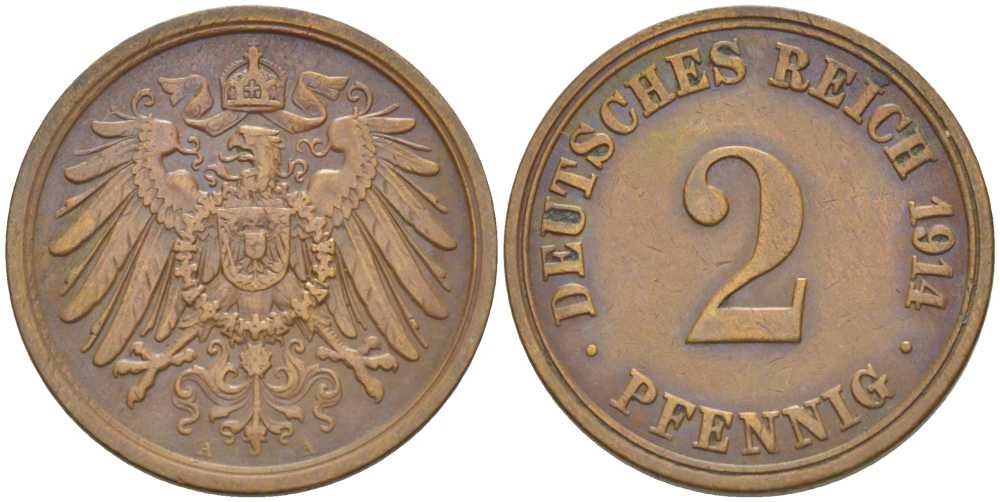 ГЕРМАНИЯ 2 ПФЕННИГА 1914 A KM 16, J. 11, Weege 4 медь 206-643