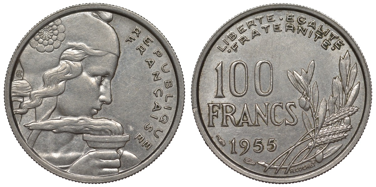 Франция 100 франков 1955 тип Cochet KM 919.1, Le Franc 450.5 медно-никель 4121-1244