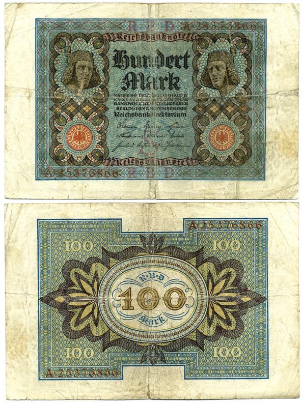 Германия 100 марок 1920 Бамбергский всадник, 8 цифр в номере Pick 69 b, Розенберг 69b бумага 3295-116-3-1