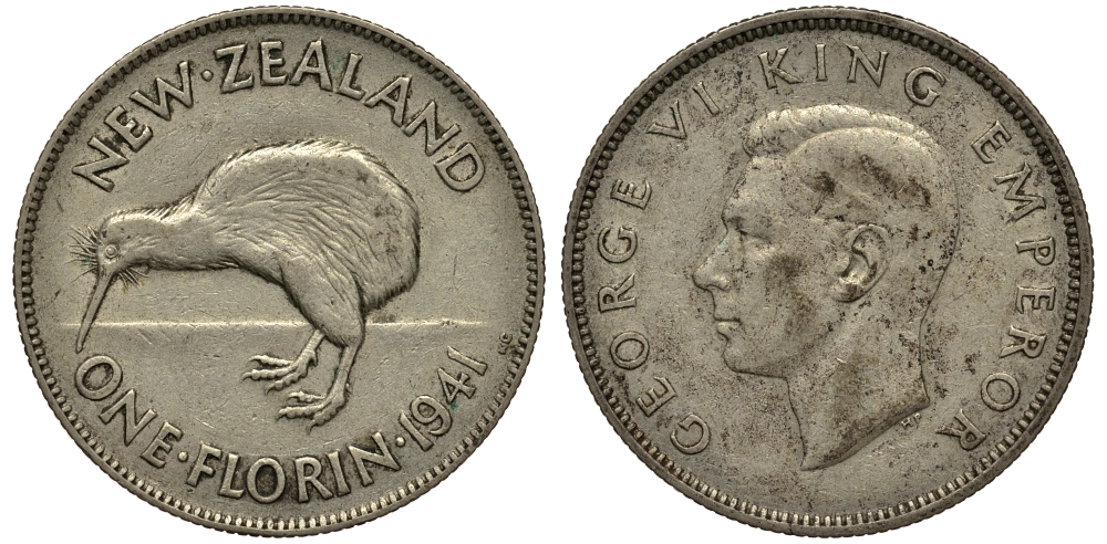 Новая Зеландия 1 флорин 1941 Георг VI (1936-1952), птичка киви KM 10.1 серебро 272-1522