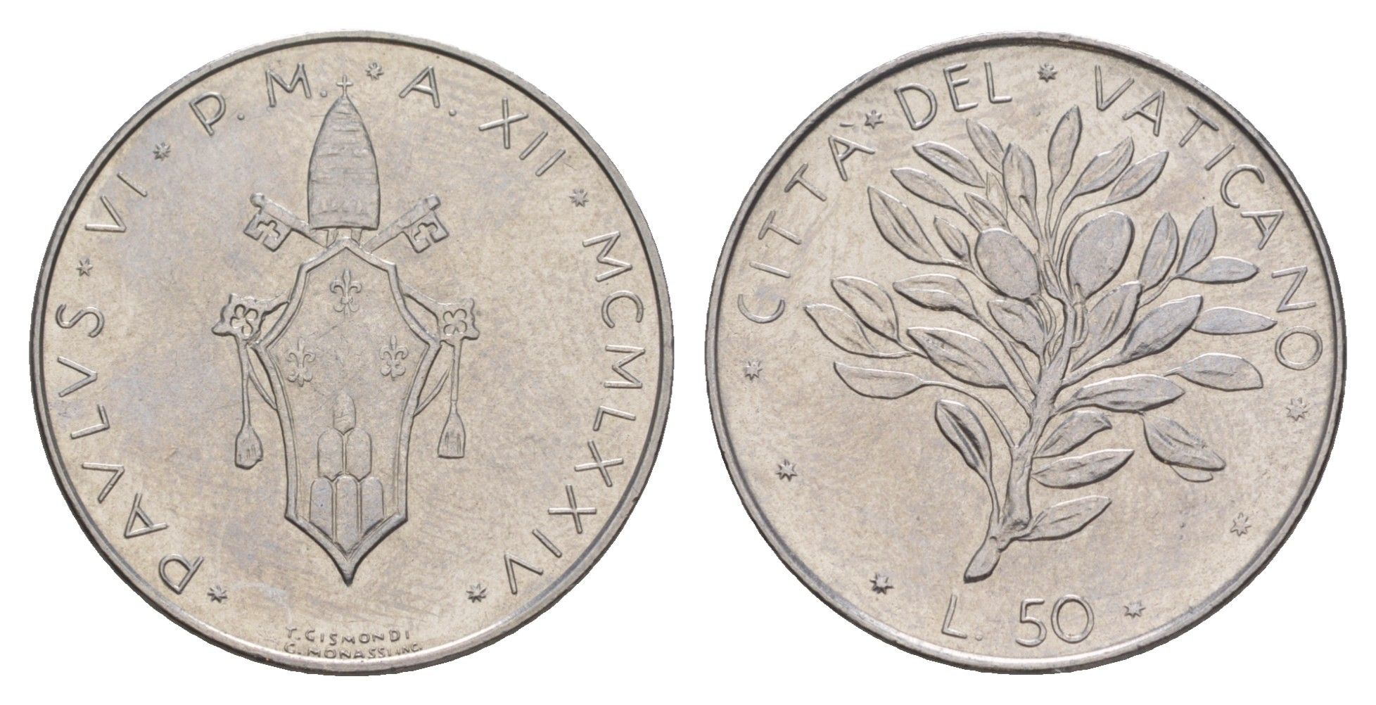 Ватикан 50 лир 1974 KM 121 нержавеющая сталь UNC 4633-1227