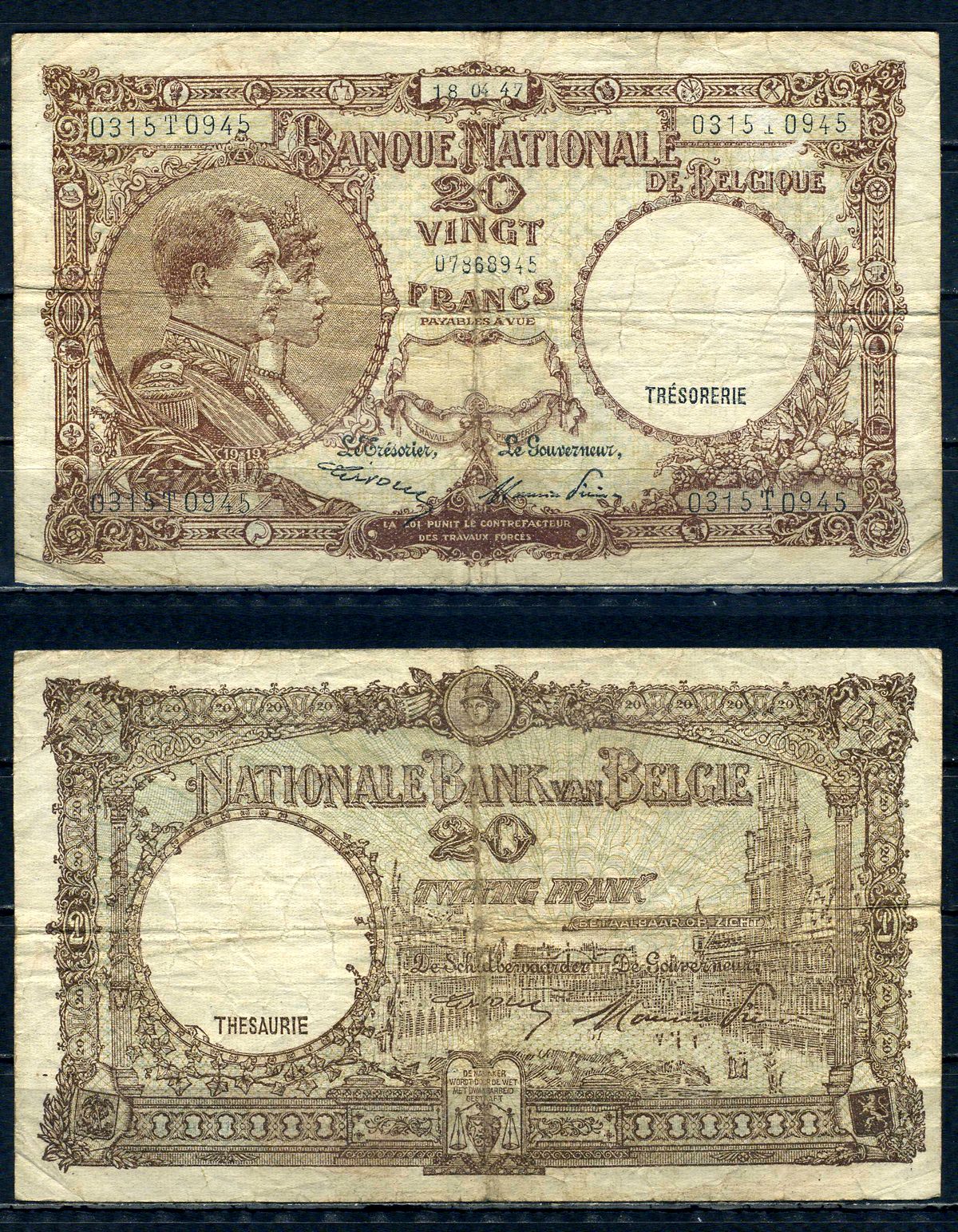 Бельгия 20 франков 1947 18.04.1947, Король Альберт I и его жена Королева Елизавета, Гран-Плас / Гроте Маркт, Брюссель Pick 111 (3) бумага 6301-19-3-2