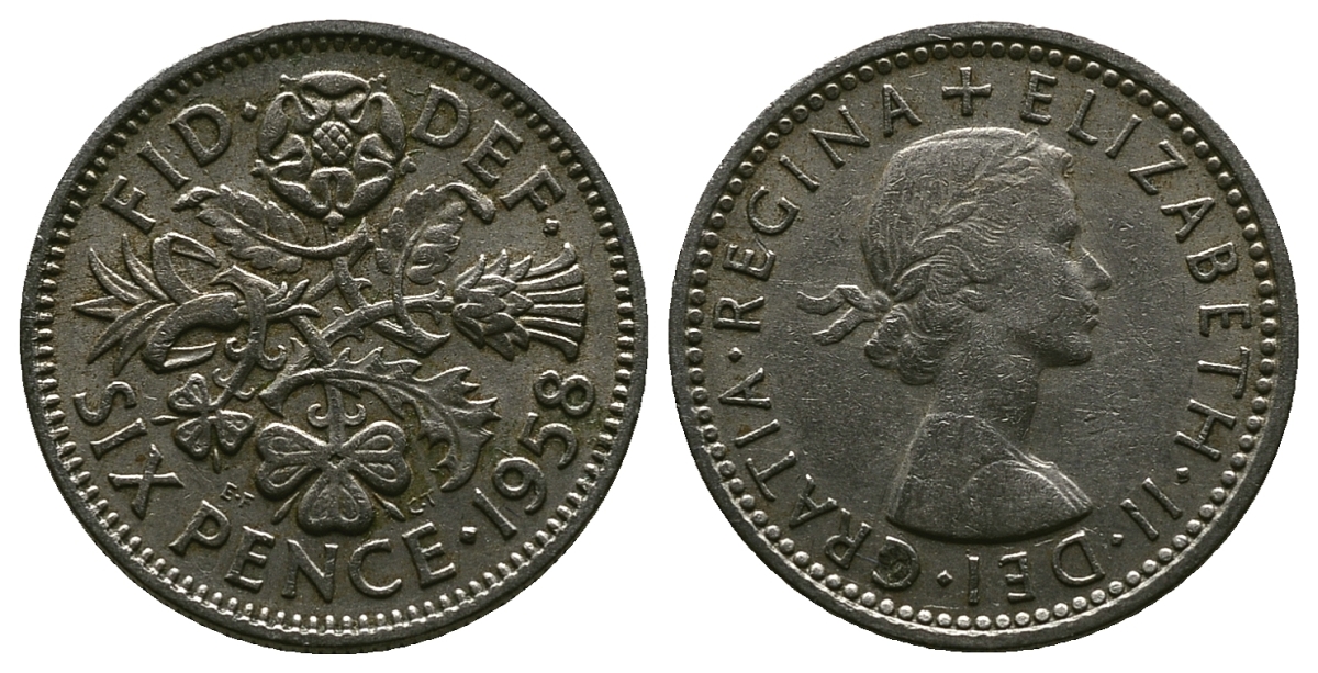Великобритания 6 пенсов 1958 Елизавета II (1952-2022) KM 903, Spink 4149 медно-никель 4381-711