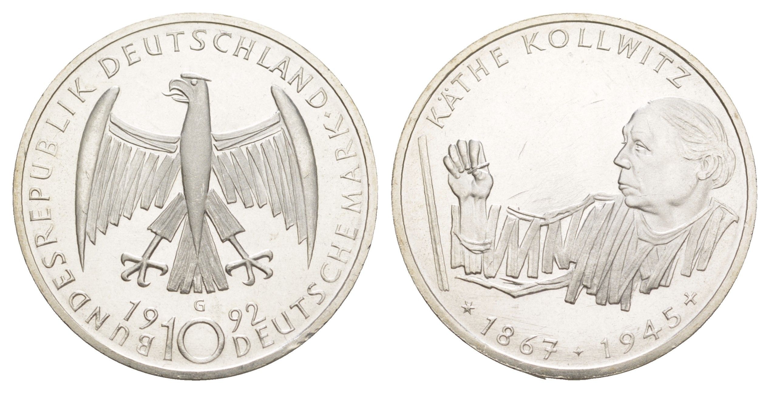ФРГ 10 марок 1992 G, 125 лет со дня рождения Кете Кольвиц KM 178 серебро UNC 4634-941