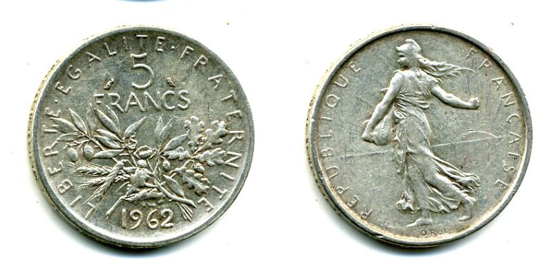 Франция 5 франков 1962 сеятель KM 926, LE FRANC 340.6 серебро 37-941