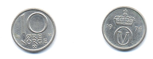 Норвегия 10 эре 1974 Улаф V (1958-1991) KM 416 медно-никель 4379-959
