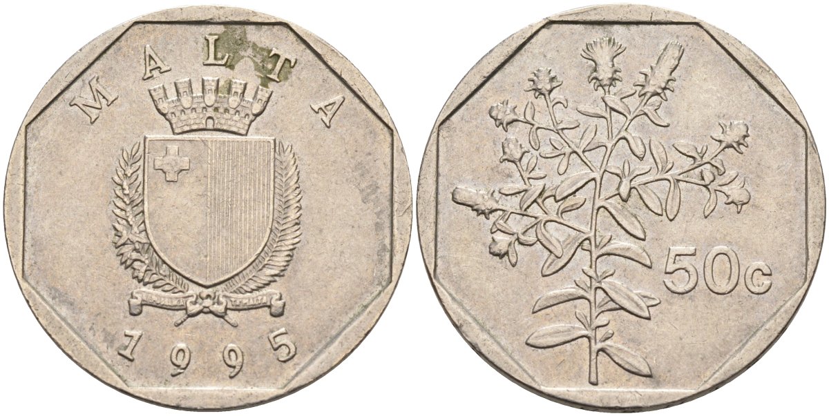 Мальта 50 центов 1995 девясил KM 98 медно-никель 92-637
