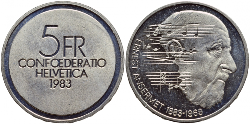 ШВЕЙЦАРИЯ 5 ФРАНКОВ 1983 100 ЛЕТ СО ДНЯ РОЖДЕНИЯ ЭРНЕСТА АНСЕРМЕ KM 62 медно-никель UNC 443-145