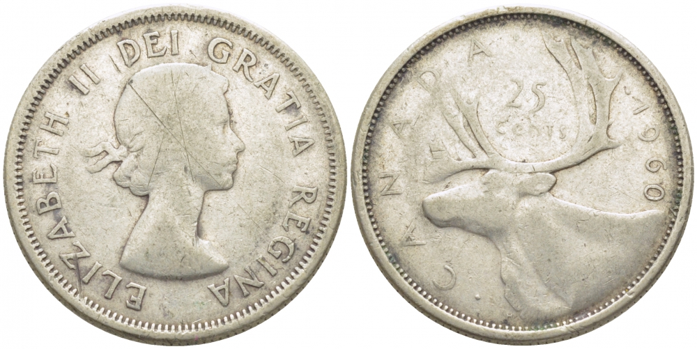 Канада 25 центов 1960 Елизавета II (1952-), олень KM 52 серебро 3856-125