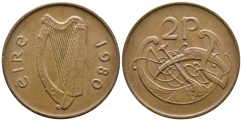 ИРЛАНДИЯ 2 ПЕНСА 1980 ВИНЬЕТКА В ВИДЕ СТИЛИЗОВАННОЙ ПТИЦЫ ИЗ ВТОРОЙ БИБЛИИ КАРЛА II ЛЫСОГО KM 21 бронза 4110-421