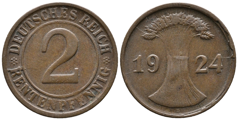 ГЕРМАНИЯ 2 РЕНТЕНПФЕННИГА 1924 D KM 31, J. 307 бронза 24-645