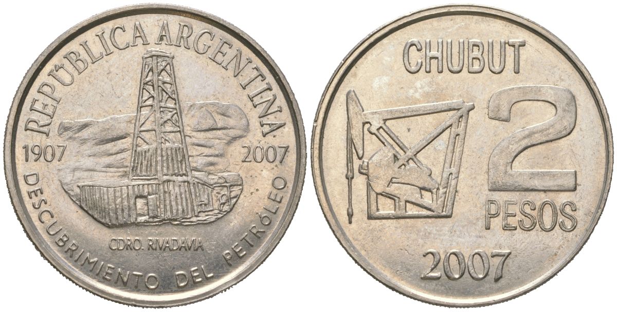 Аргентина 2 песо 2007 100 лет нахождению нефти в Аргентине KM 145 медно-никель UNC 4157-845