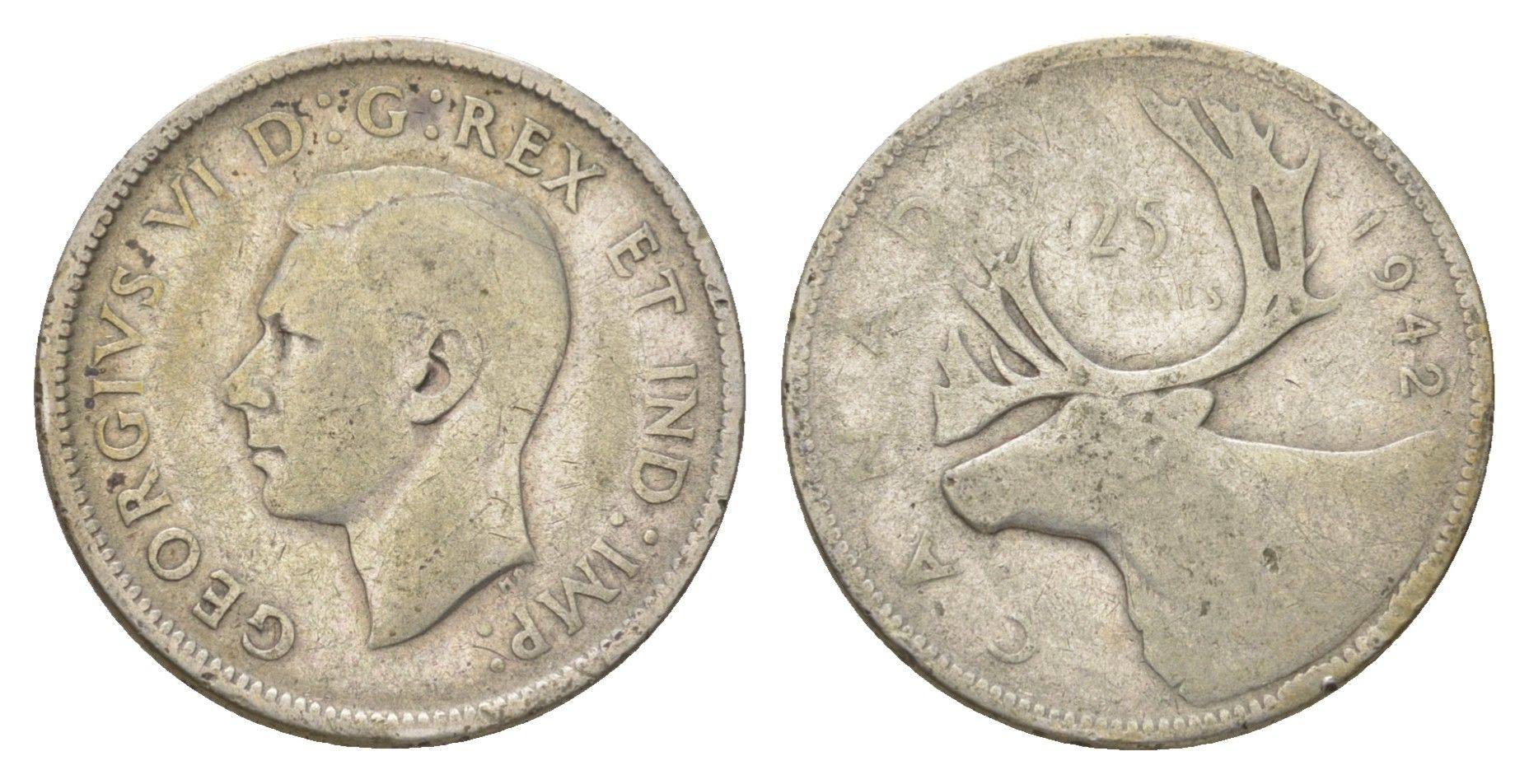 Канада 25 центов 1942 Георг VI (1936-1952), олень KM 35 серебро 4622-815