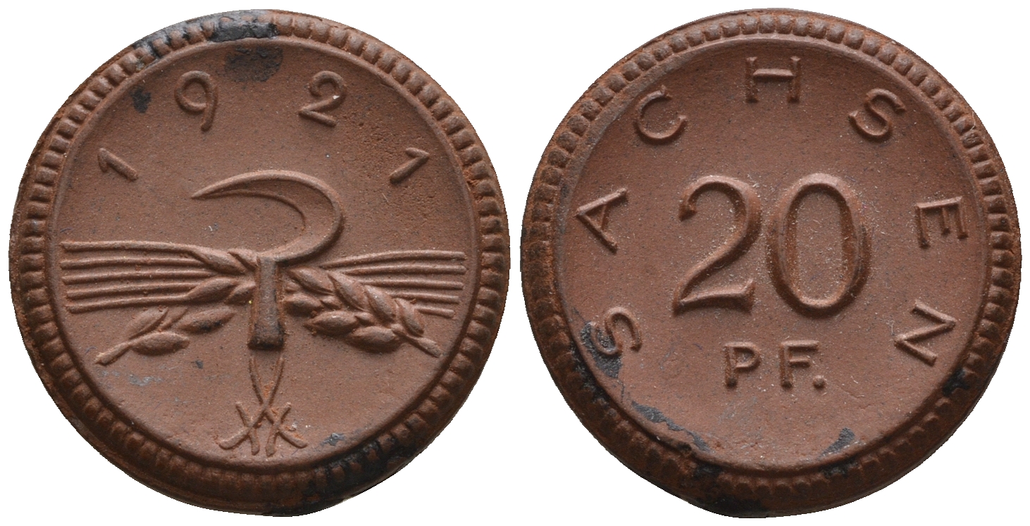 Саксония 20 пфеннигов 1921 колосья и серп J. N 53 фарфор UNC 1094-9-13