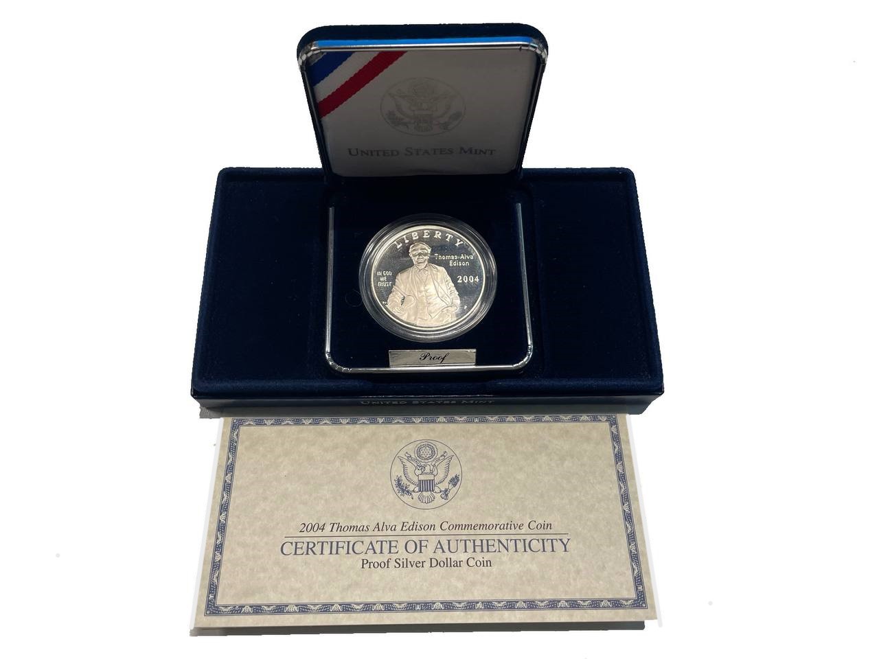 США 1 доллар 2004 P, 125 лет изобретению электрического света, Томасом Эдисоном, в оригинальной коробке, сертификат КМ 362 серебро  PROOF  3-6-5-20
