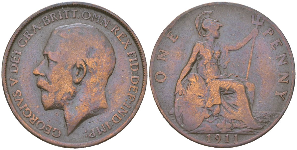 Великобритания 1 пенни 1911 Георг V (1910-1936) KM 810, Spink 4051 бронза 221-1243