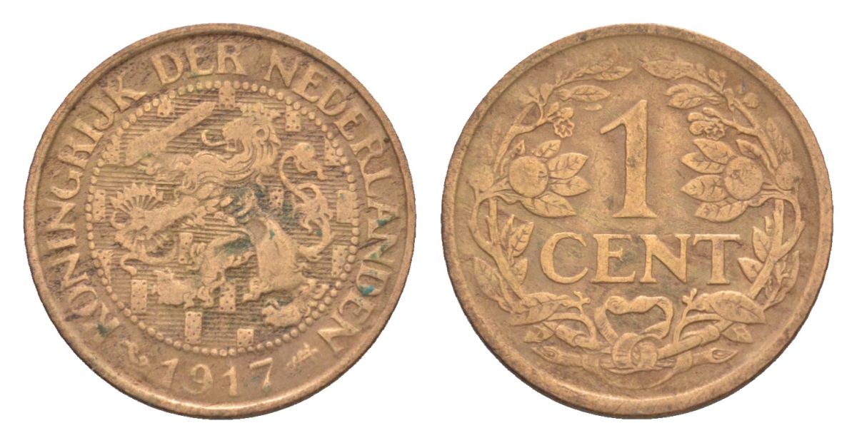 Нидерланды 1 цент 1917 Вильгельмина (1890-1948) KM 152 бронза 75-515