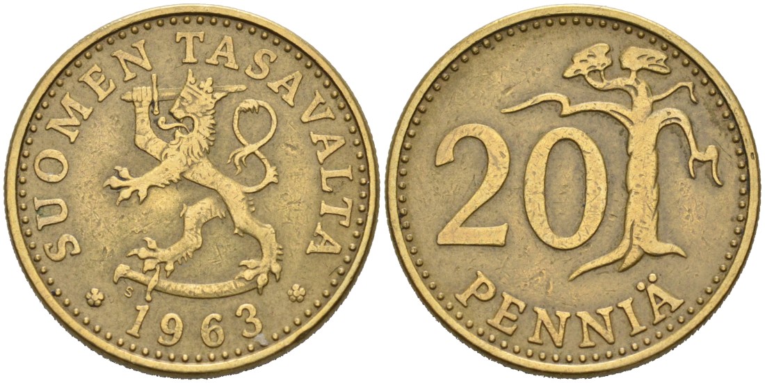 ФИНЛЯНДИЯ 20 ПЕННИ 1963 S KM 47 алюминиевая бронза 4563-256