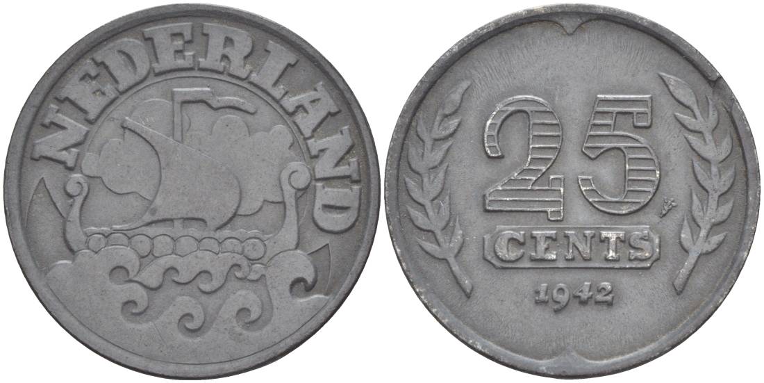 НИДЕРЛАНДЫ 25 ЦЕНТОВ 1942 ВИЛЬГЕЛЬМИНА I (1891-1948), ГЕРМАНСКАЯ ОККУПАЦИЯ, ВТОРАЯ МИРОВАЯ ВОЙНА KM 174 цинк 4548-854