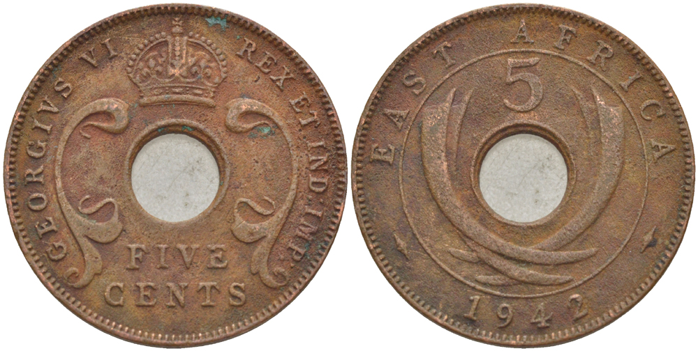 Британская Восточная Африка 5 центов 1942 Георг VI (1936-1952) KM 25.2 бронза 210-753