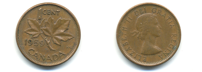 КАНАДА 1 ЦЕНТ 1959 КЛЕНОВЫЙ ЛИСТ KM 49 бронза 177-1322