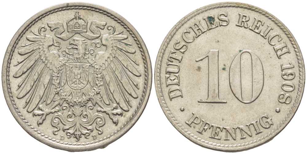ГЕРМАНИЯ 10 ПФЕННИГОВ 1908 D KM 12, J. 13 медно-никель UNC 31-325