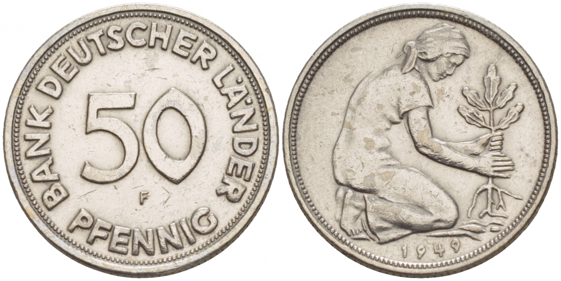 ФРГ 50 пфеннигов 1949 F KM 104, J. 379 медно-никель 4528-126