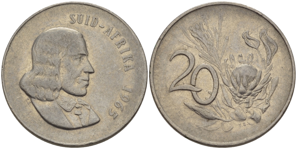 ЮАР 20 ЦЕНТОВ 1965 SUID, ЯН ВАН РИБЕК (1619-1677), ГОЛАНДСКИЙ ИССЛЕДОВАТЕЛЬ , МОРЕПЛАВАТЕЛЬ, ОСНОВАТЕЛЬ Г. КЕЙПТАУНА, ЦВЕТОК ПРОТЕЯ, АФРИКАНСКАЯ ЛЕГЕНДА KM 69.2 никель 67-435