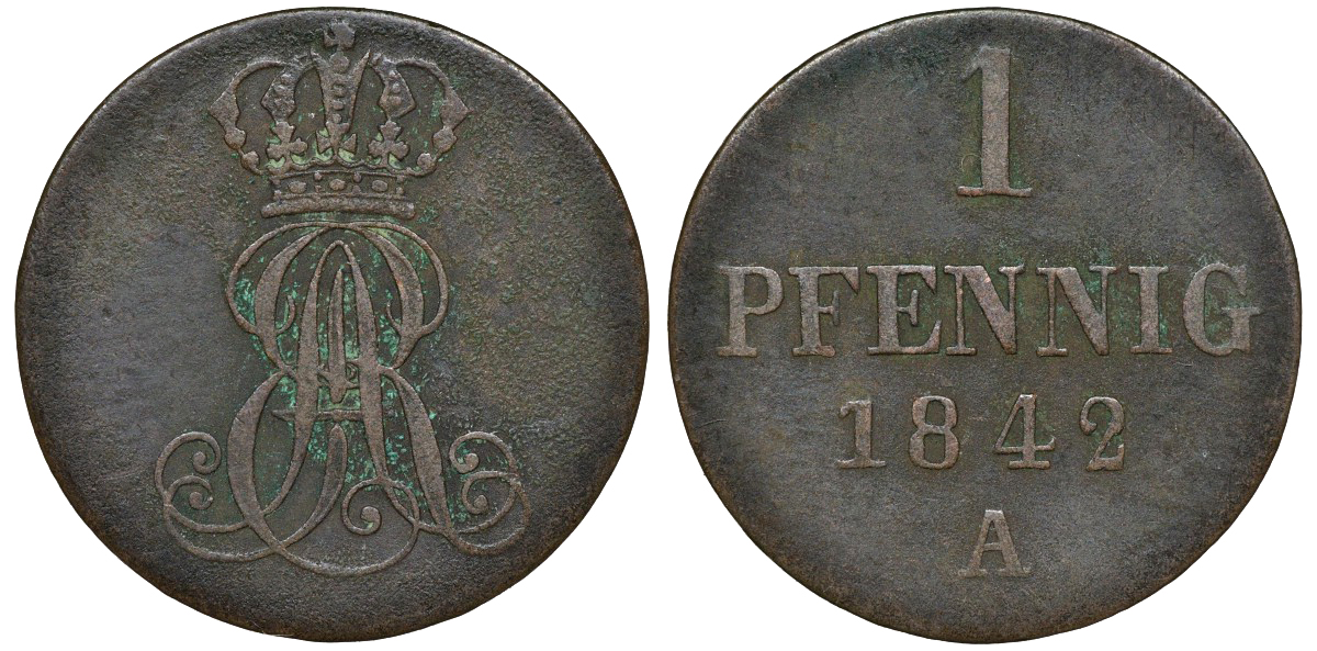 Ганновер 1 пфенниг 1842 A, Эрнст Август (1837-1851) KM 173.1, AKS 126, J. 54 медь 72-1655