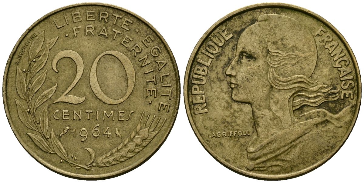 Франция 20 сантимов 1964 тип Marianne KM 930 медь алюминий никель 4135-553