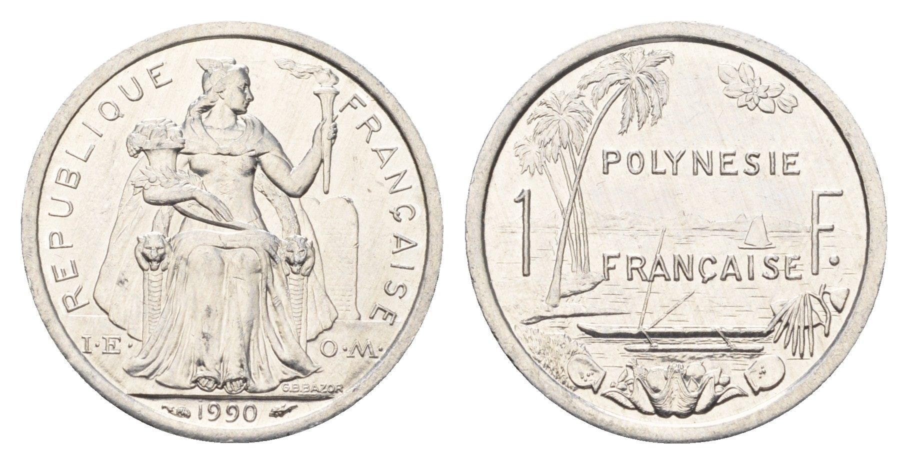 Французская Полинезия 1 франк 1990 KM 11 алюминий UNC 4675-925