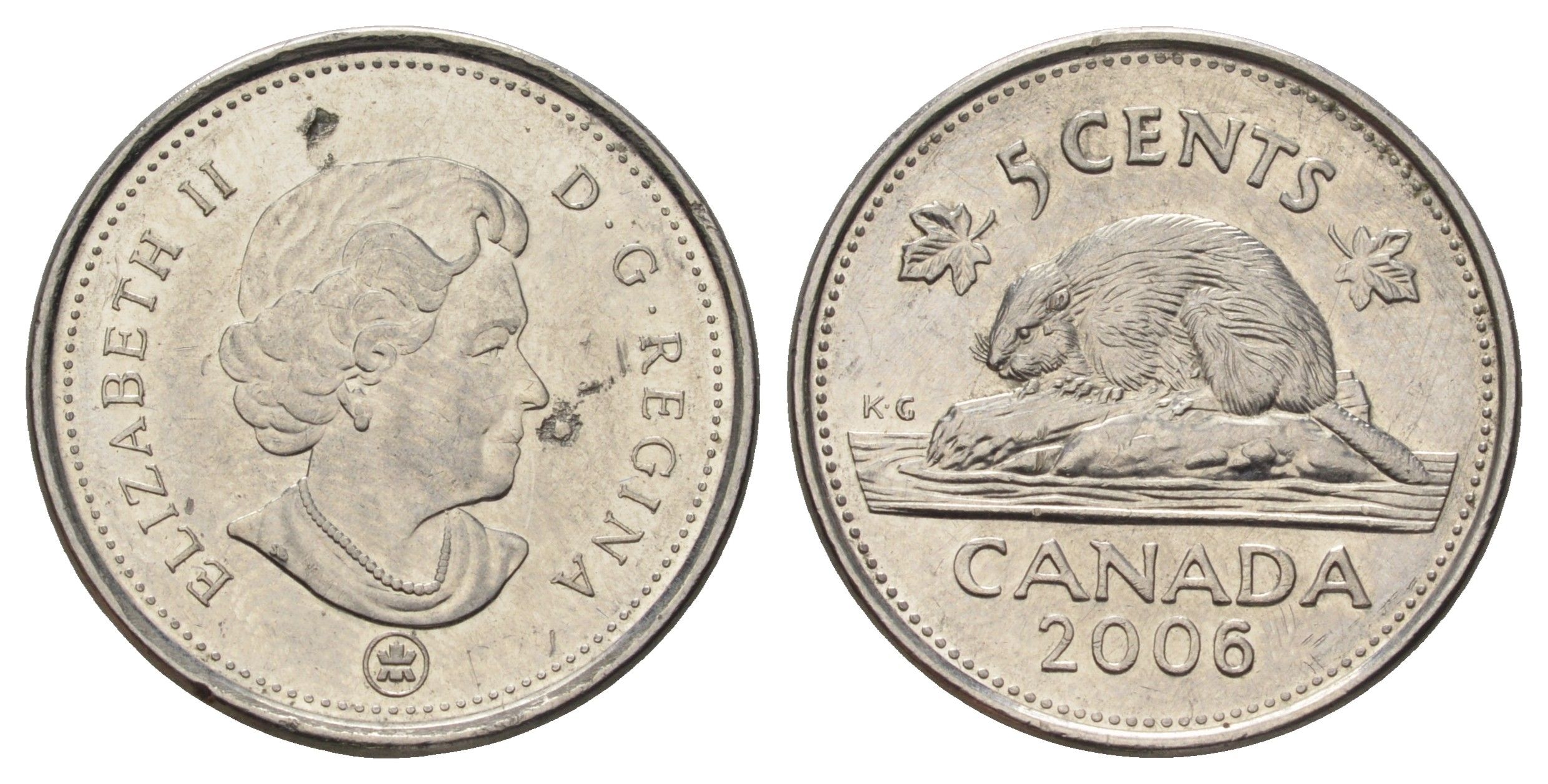 Канада 5 центов 2006 Leaf, Елизавета II (1952-2022), бобр KM 491 сталь плакированная никелем UNC 4689-462