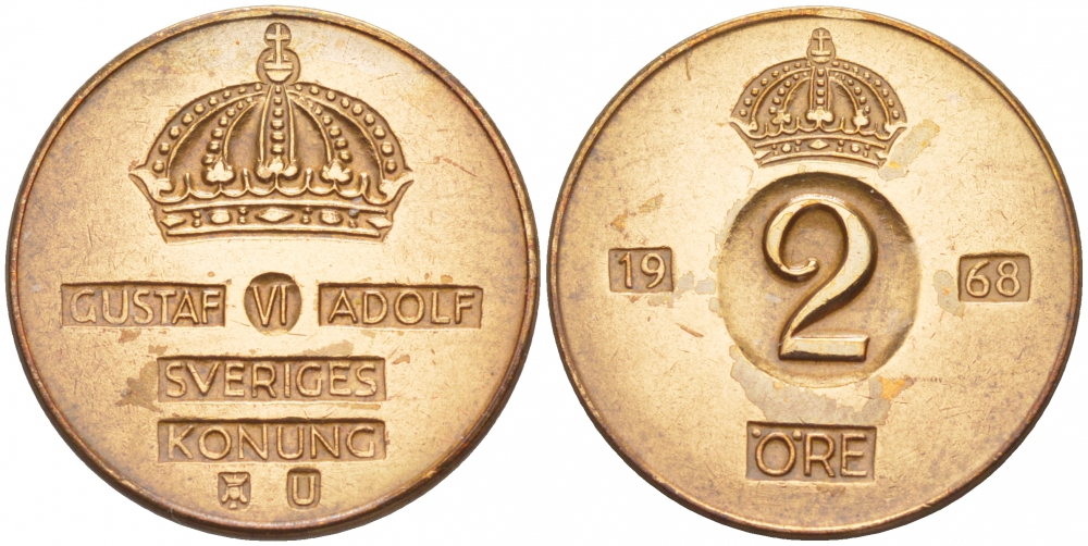 Швеция 2 эре 1968 U Густав VI Адольф (1950-1973) KM 821 бронза 4548-414