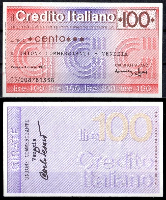 Италия 100 лир 1976 чек - Credito Italiano бумага 8621-15-2-1