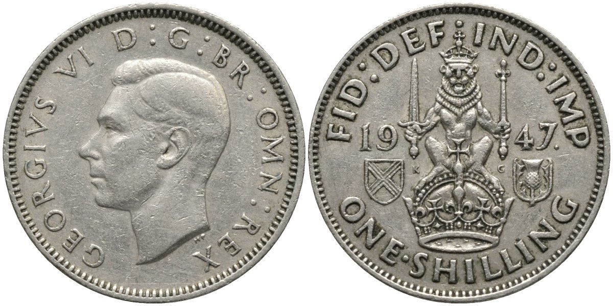 Великобритания 1 шиллинг 1947 Георг VI (1936-1952), Шотландский герб KM 864, Spink 4104 медно-никель 4171-557
