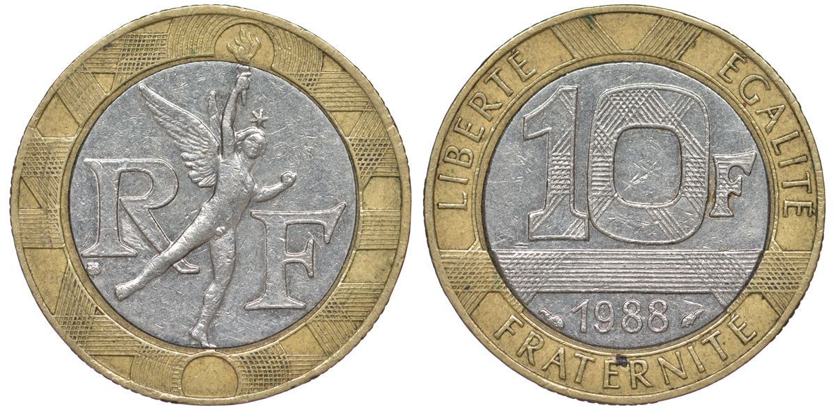 Франция 10 франков 1988 тип Гений Бастилии KM 964.1, Le Frank 375.2 биметалл 45-522