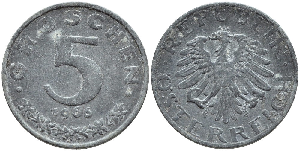 АВСТРИЯ 5 ГРОШЕЙ 1966 KM 2875 цинк 46-831
