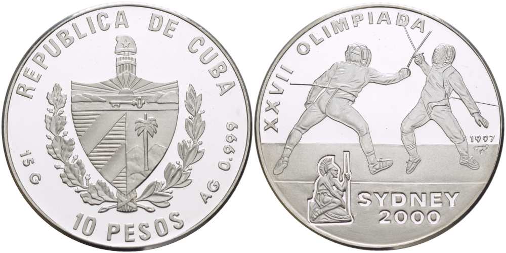 Куба 10 песо 1997 XXVII летние Олимпийские игры 2000 года в Сиднее 2000 года, фехтование KM 591 серебро  PROOF  1069-10-41