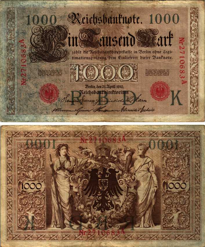 ГЕРМАНИЯ 1000 МАРОК 1910 КРАСНАЯ ПЕЧАТЬ, 7 ЦИФР В НОМЕРЕ Pick 44b бумага 6352-55-2-1