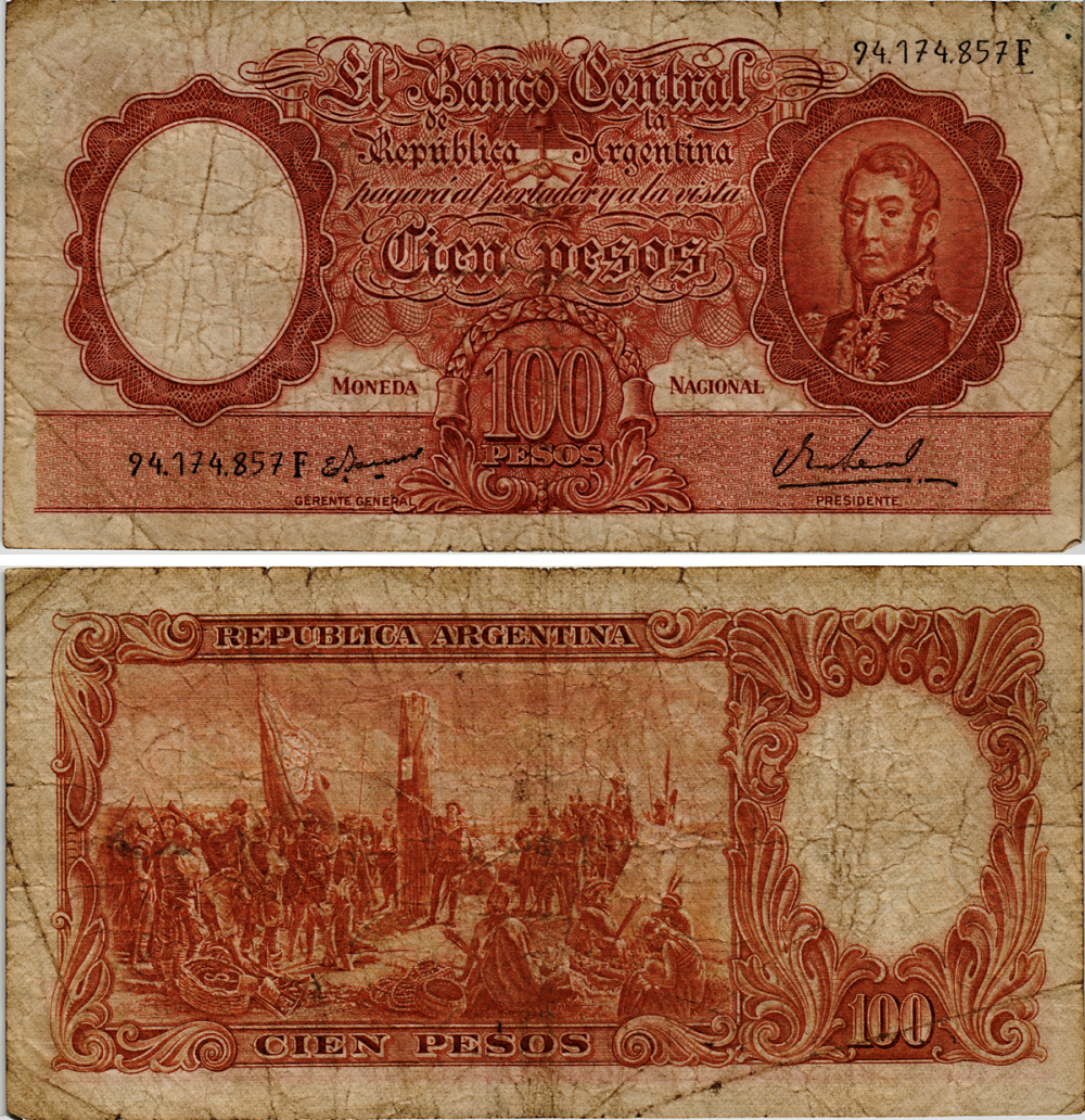 АРГЕНТИНА 100 ПЕСО 1969 СЕРИЯ F 94174, ГЕНЕРАЛ САН МАРТИН, ПОДПИСЬ EGIDIO IANNELLA - PEDRO S. REAL Pick 277 бумага 7204-69-3