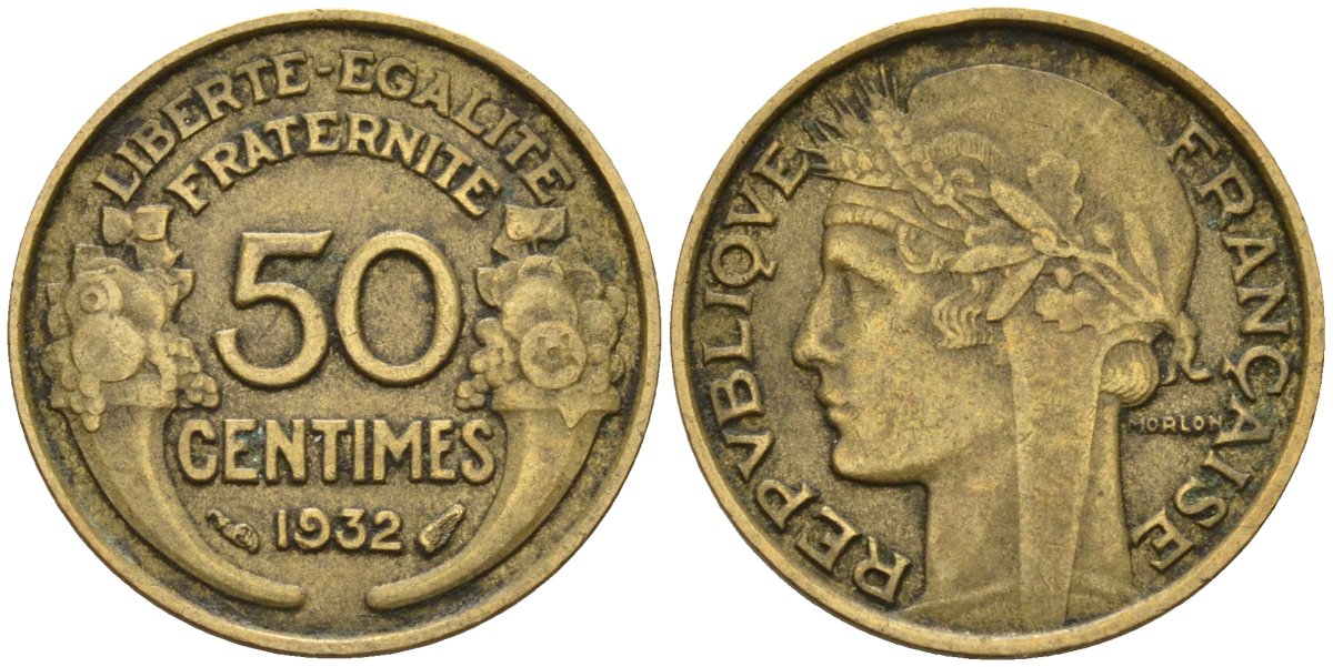 Франция 50 сантимов 1932 KM 894.1, Le Franc 192.15 алюминиевая бронза 4596-749