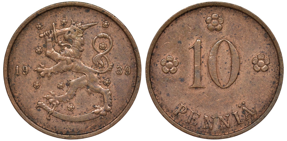 Финляндия 10 пенни 1939 KM 24 медь 51-3154