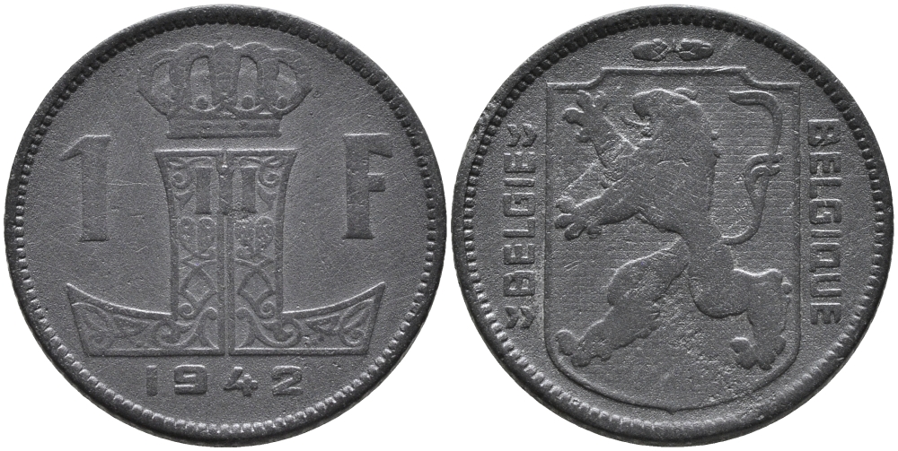 БЕЛЬГИЯ 1 ФРАНК 1942 BELGIE-BELGIQUE, ГЕРМАНСКАЯ ОККУПАЦИЯ, ВТОРАЯ МИРОВАЯ ВОЙНА KM 128 цинк 4388-1016