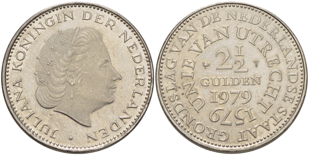 Нидерланды 2 1/2 гульдена 1979 400 лет Утрехтскому союзу, Юлиана (1949-1980) KM 197 никель 82-1234