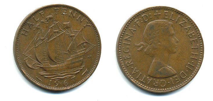 Великобритания 1/2 пенни 1967 Елизавета II (1952-2022) KM 896, Spink 4158 бронза 41-854
