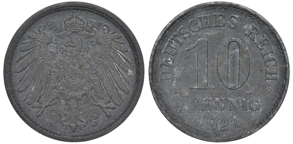 ГЕРМАНИЯ 10 ПФЕННИГОВ 1921 KM 26, J. 299 цинк 45-1269